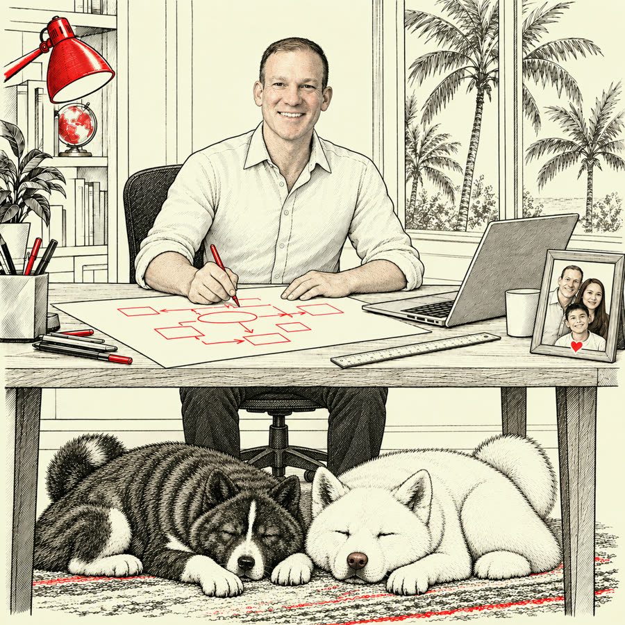 Ink illustration of Cem Celikkol at his desk, sketching a workflow diagram in red, a family photo beside his laptop and his two Akitas asleep under the desk.