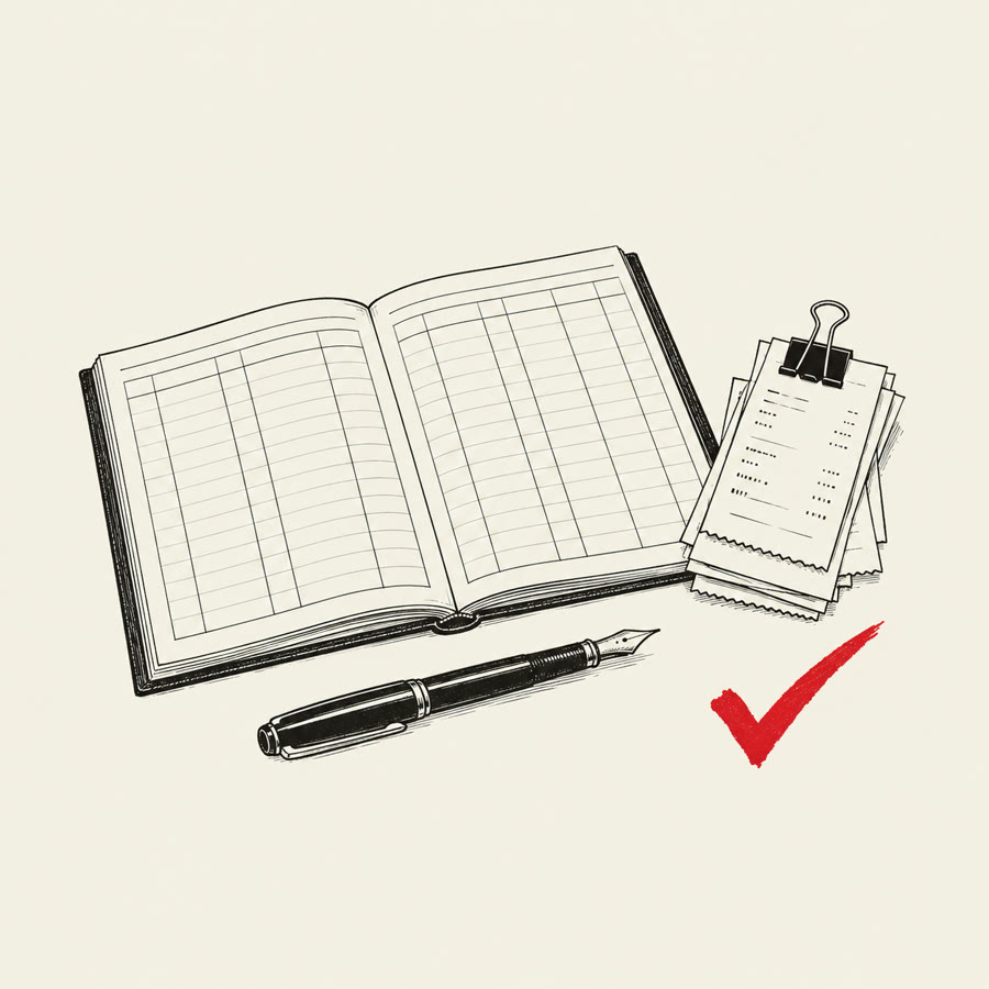 Ink illustration: an open ledger, a fountain pen, clipped receipts and a red tick.