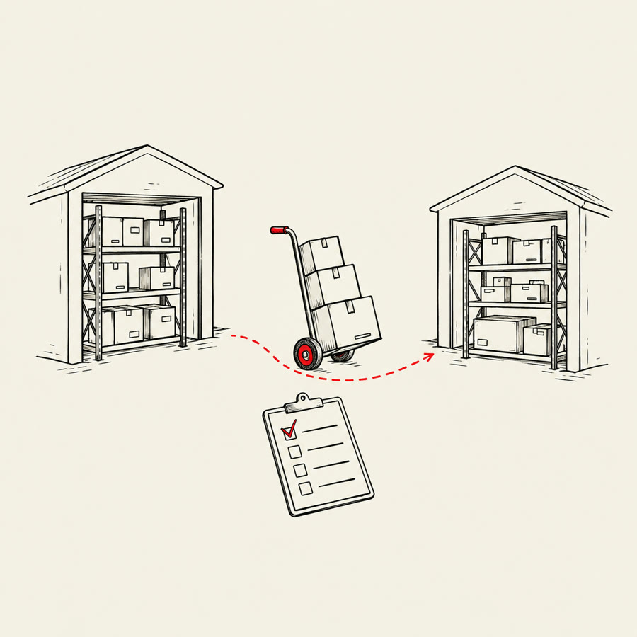 Ink illustration: a hand truck moves boxes along a red dotted path between two small warehouses, with a ticked clipboard.