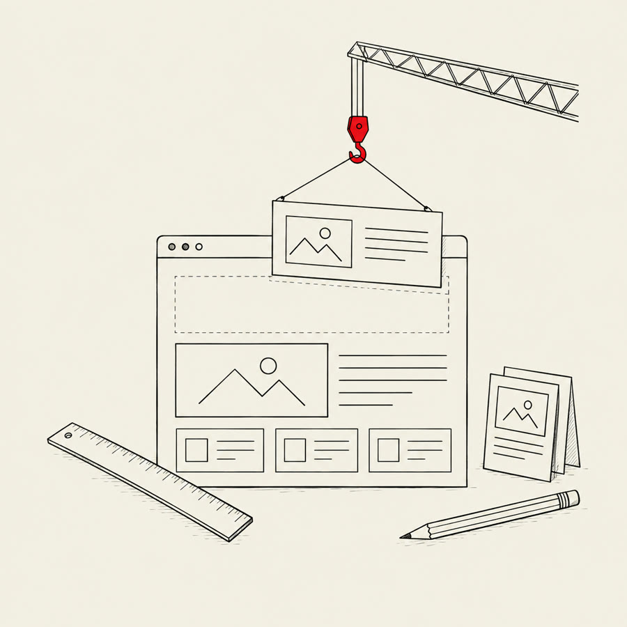 Ink illustration: a crane lowers a new section onto a web page under construction, with a ruler and pencil.